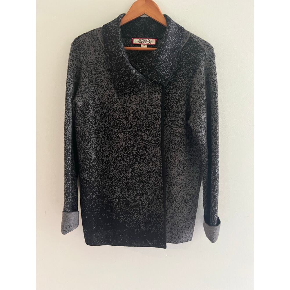 Beyond Threads 100% Baby Alpaca Sweater Jacket Black Gray Speckled Ombre Med JL